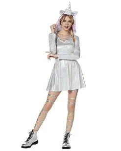 Spirit Halloween Hooded Faux Fur Iridescent Unicorn Dress