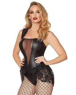 Spirit Halloween Adult Black Faux Leather And Lace Bodysuit