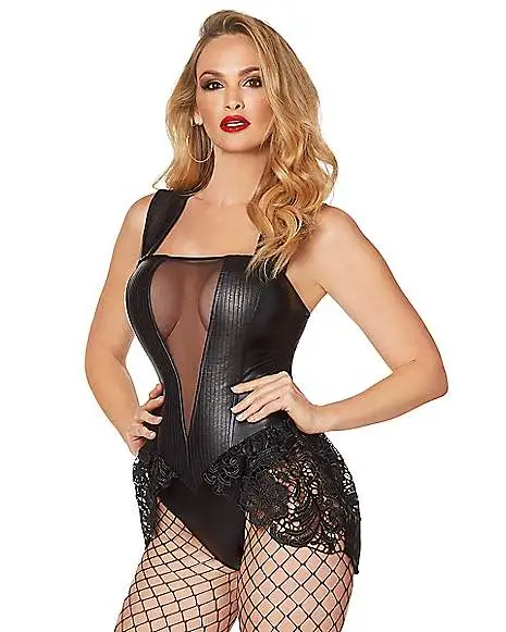 Spirit Halloween Adult Black Faux Leather And Lace Bodysuit 1 Spirit Halloween Adult Black Faux Leather And Lace Bodysuit
