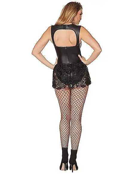 Spirit Halloween Adult Black Faux Leather And Lace Bodysuit 2 Spirit Halloween Adult Black Faux Leather And Lace Bodysuit - Image 2