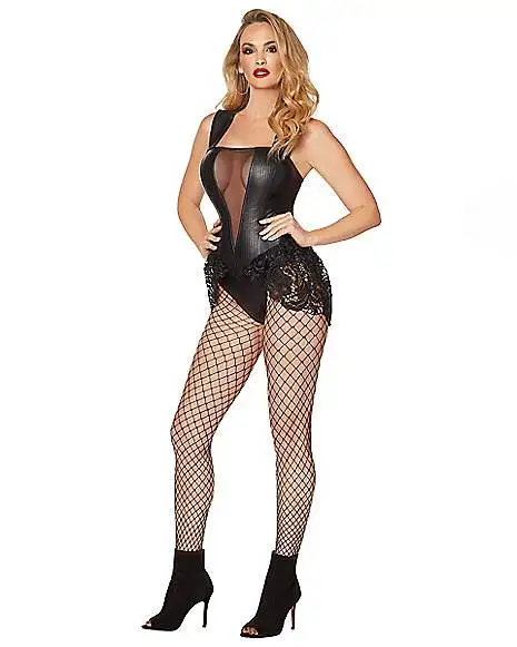 Spirit Halloween Adult Black Faux Leather And Lace Bodysuit 3 Spirit Halloween Adult Black Faux Leather And Lace Bodysuit - Image 3