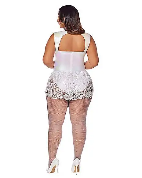 Spirit Halloween White Faux Leather Lace Plus Size Bodysuit 2 Spirit Halloween White Faux Leather Lace Plus Size Bodysuit - Image 2