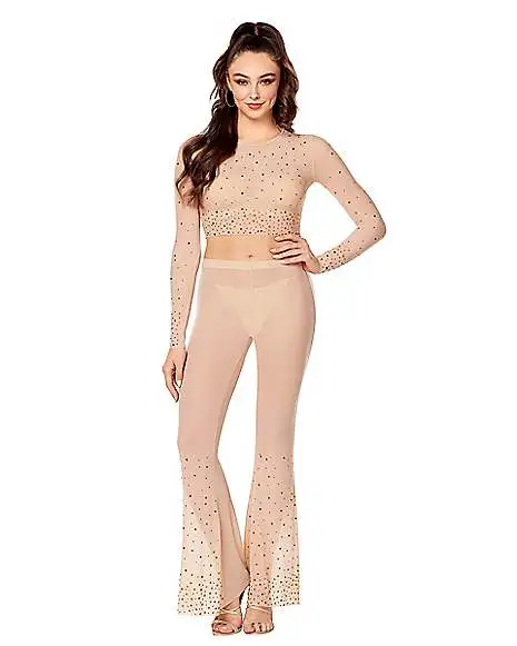 Spirit Halloween Beige Mesh Rhinestone Top And Pants Set 1 Spirit Halloween Beige Mesh Rhinestone Top And Pants Set