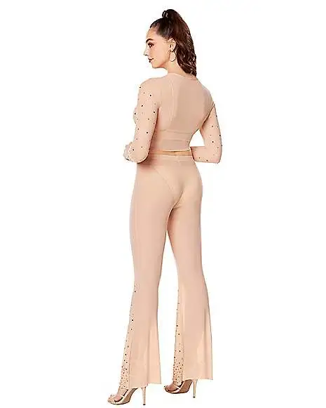 Spirit Halloween Beige Mesh Rhinestone Top And Pants Set 2 Spirit Halloween Beige Mesh Rhinestone Top And Pants Set - Image 2